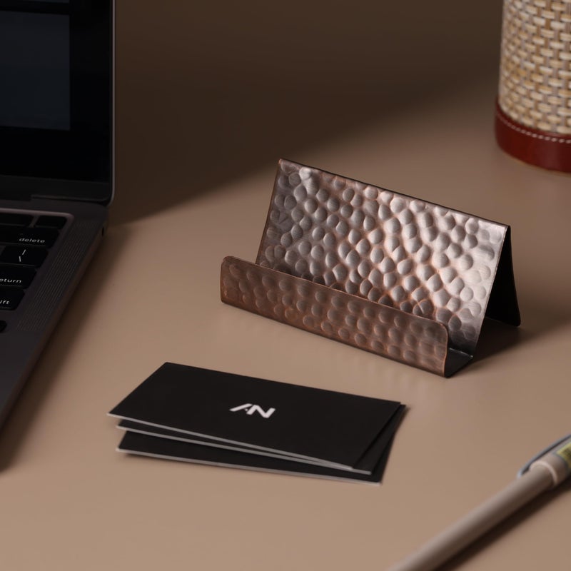 GoCraft Pure Copper Business Card Holder Stand â€“ Antique Finish, Holds 20-30 Cards, Stylish Desk Organizer for Office, Home, Professional Use, Elegant Business Card Display Holder - Image 4